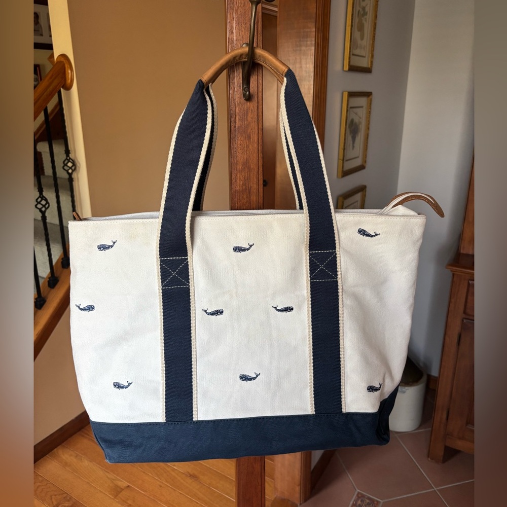 Vintage LL Bean Whale Print Ivory & Navy Boat and Tote Canvas Bag Leather